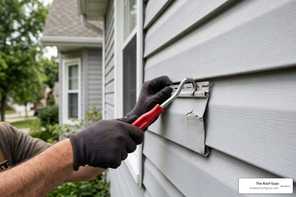 Vinyl siding zip tool unhooking a damaged panel