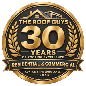 The Roof Guys 30 years of roofing excellence badge, residential and commercial roofing in Conroe and The Woodlands, Texas